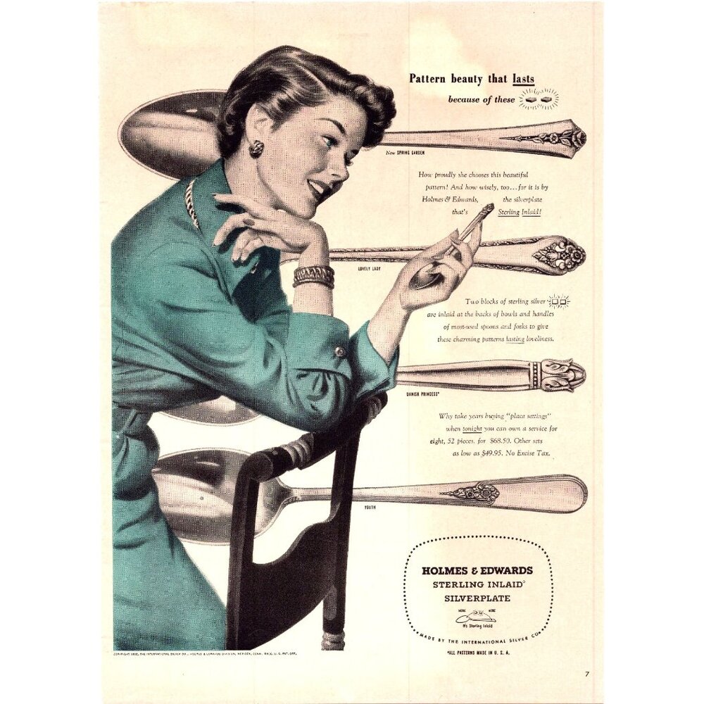1950 Holmes and Edwards Sterling Silver Cutlery Vintage Print Ad Housewife 50s